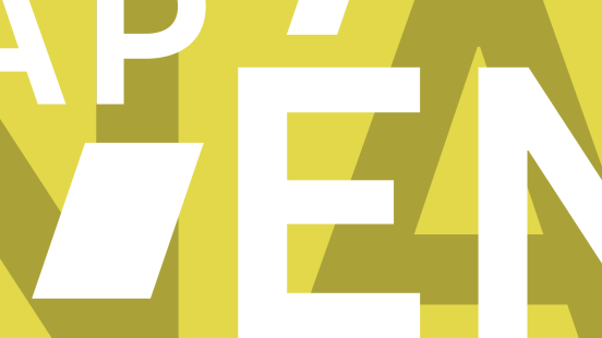 Lettres É, N, A, P ¸en blanc placées de façon décorative et en désordre sur fond jaune