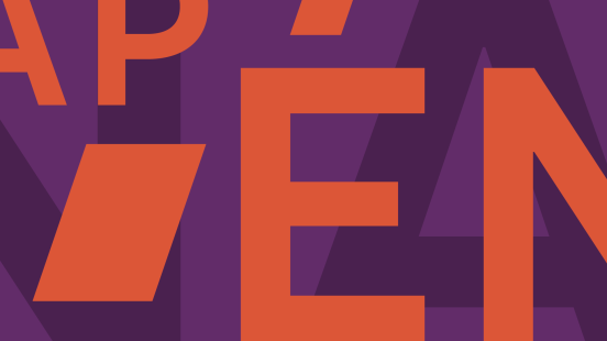 Lettres É, N, A, P orange placées de façon décorative et en désordre sur fond mauve