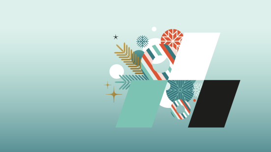 Illustration graphique des Fêtes avec motifs hivernaux et formes géométriques modernes représentant l'accent de l'ENAP.