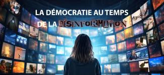 Visuel du Forum La démocratie au temps de la désinformation, silhouette de femme de dos regardant beaucoup d'écran illustrant les nouvelles